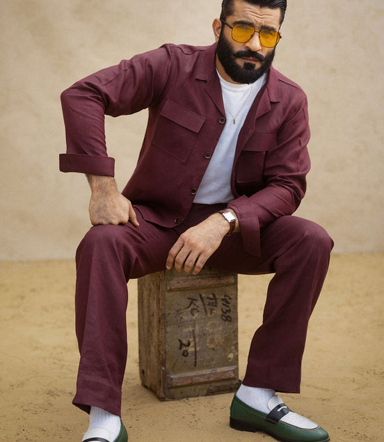 Red Wine Maroon Irish Linen Shacket Set