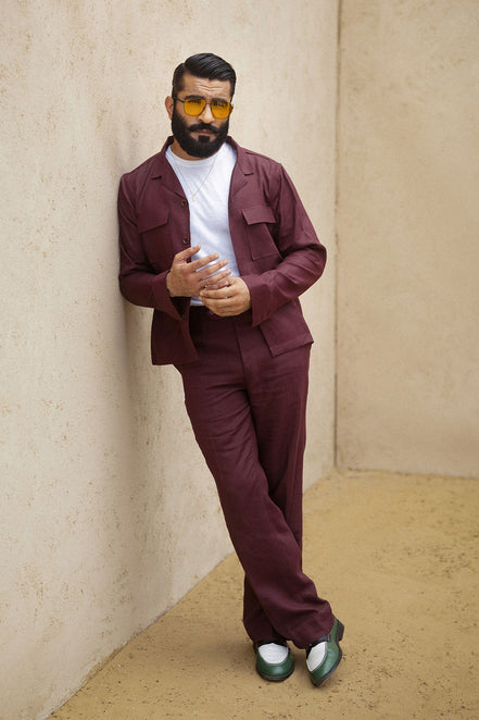 Red Wine Maroon Irish Linen Shacket Set