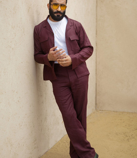 Red Wine Maroon Irish Linen Shacket Set