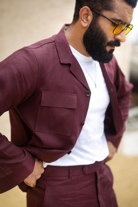 Red Wine Maroon Irish Linen Shacket Set